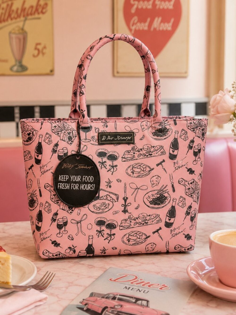 Betsey Johnson Pink Food Print Insulated Lunch Tote Bag Carryall NWT
